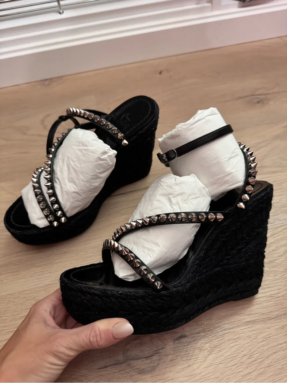 Christian Louboutin Black Studded Espadrille Wedge Sandals